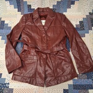 Vintage 70s Bermans Leather Jacket Womens Small Burgundy Belted Removable Liner